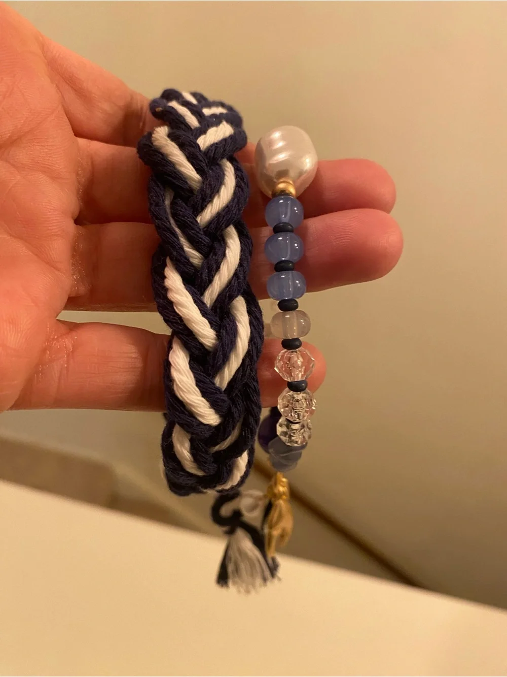 Nautical Beaded Charm & Braided Bracelet Set Navy Blue White
